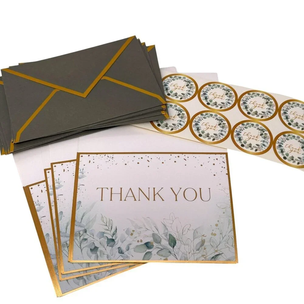 Thank you Cards Set of 10 Green Leaf Design w/ Stickers and Envelopes 3.75x5